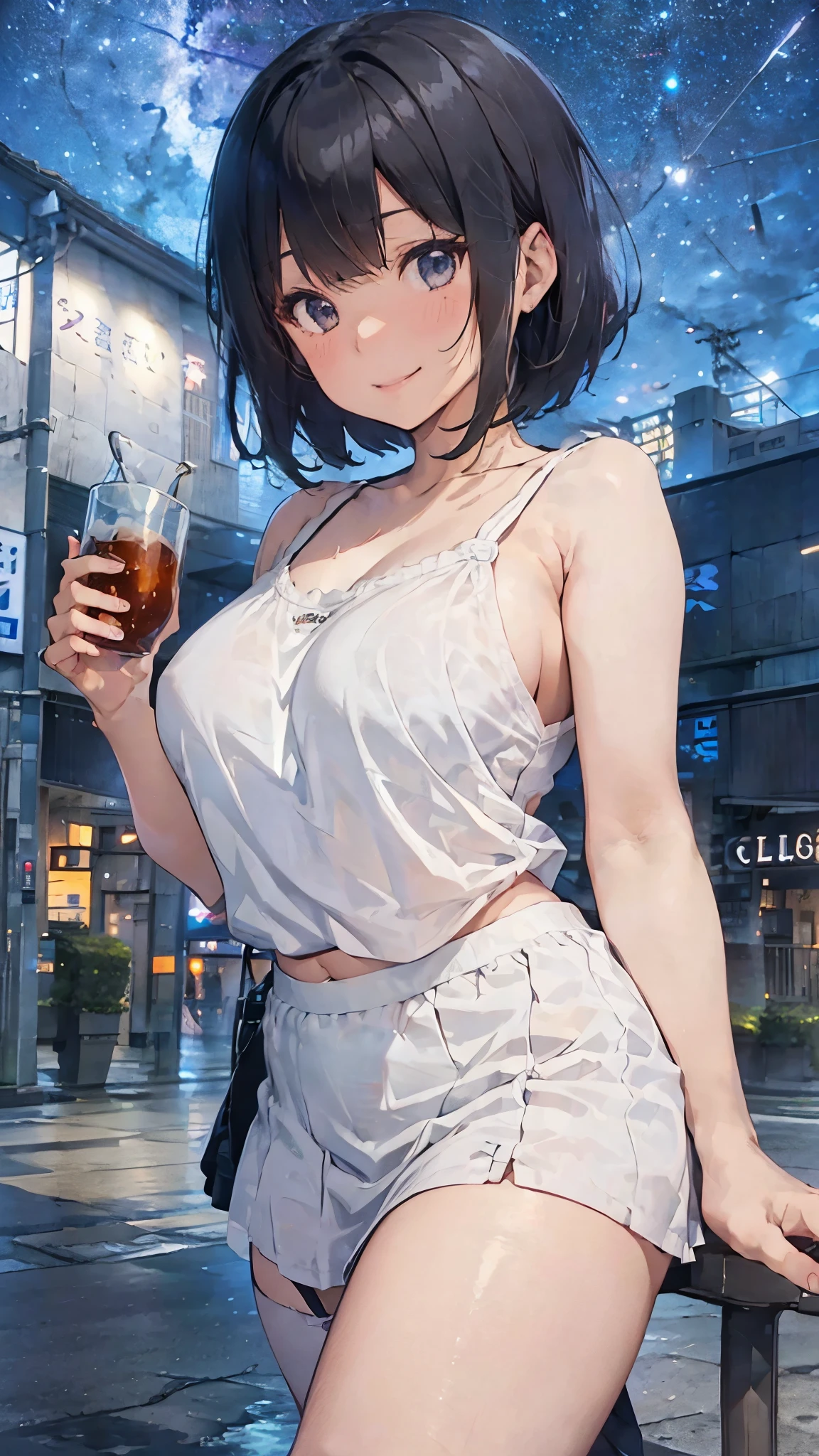 Black short bob、Cute Smile、Holding a large glass of cola with ice、Big Breasts、Big Breastsを寄せて谷間を作る、Cute white camisole、No bra is visible、Light blue long flared skirt、JR Osaka Station、Night sky and Milky Way Galaxy、barefoot