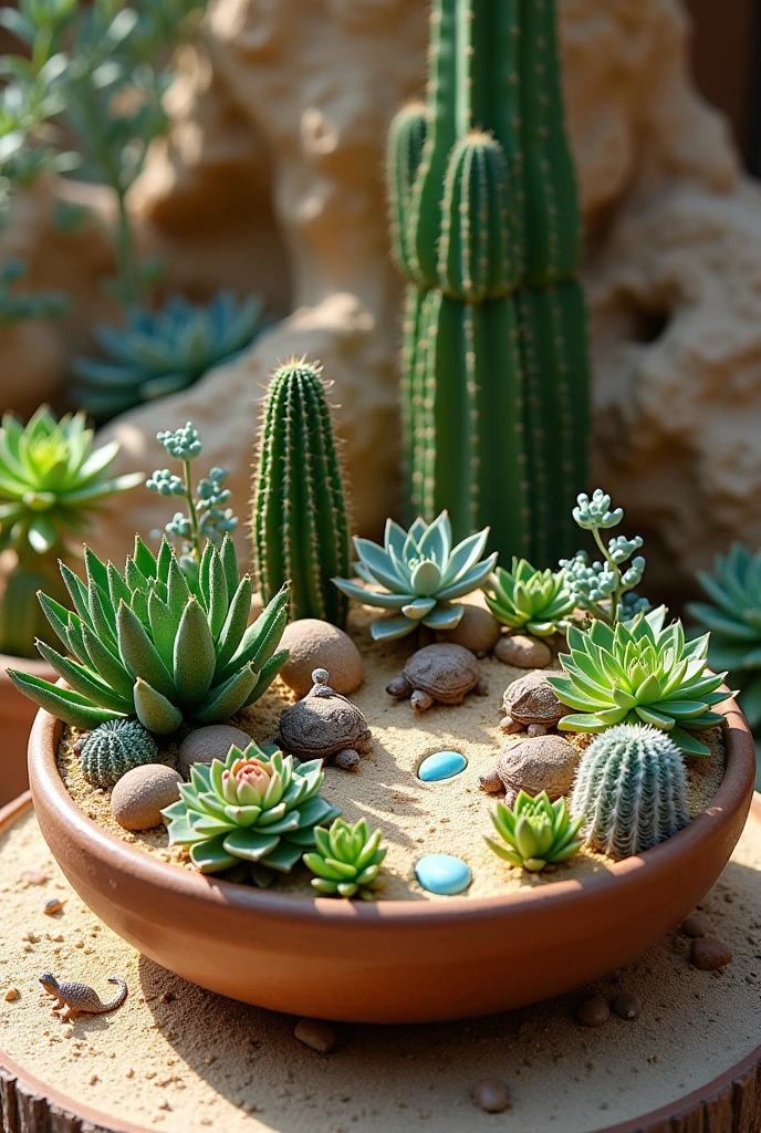 Create a dish garden biggest designs with the theme of desert and unique plants with some animals 