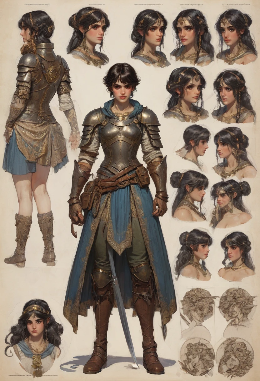 character design sheet by Waterhouse, best quality, masterpiece, Representative work, official art, Professional, Ultra intricate detailed, 8k