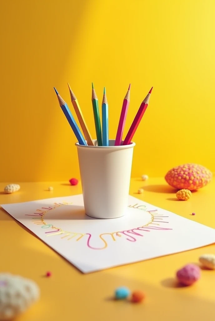 (photorealism:1.2), make image and I am drawing drawing method design place one cup under pencils a paper driving drawing to pencil background yellow plus other colours extra dots