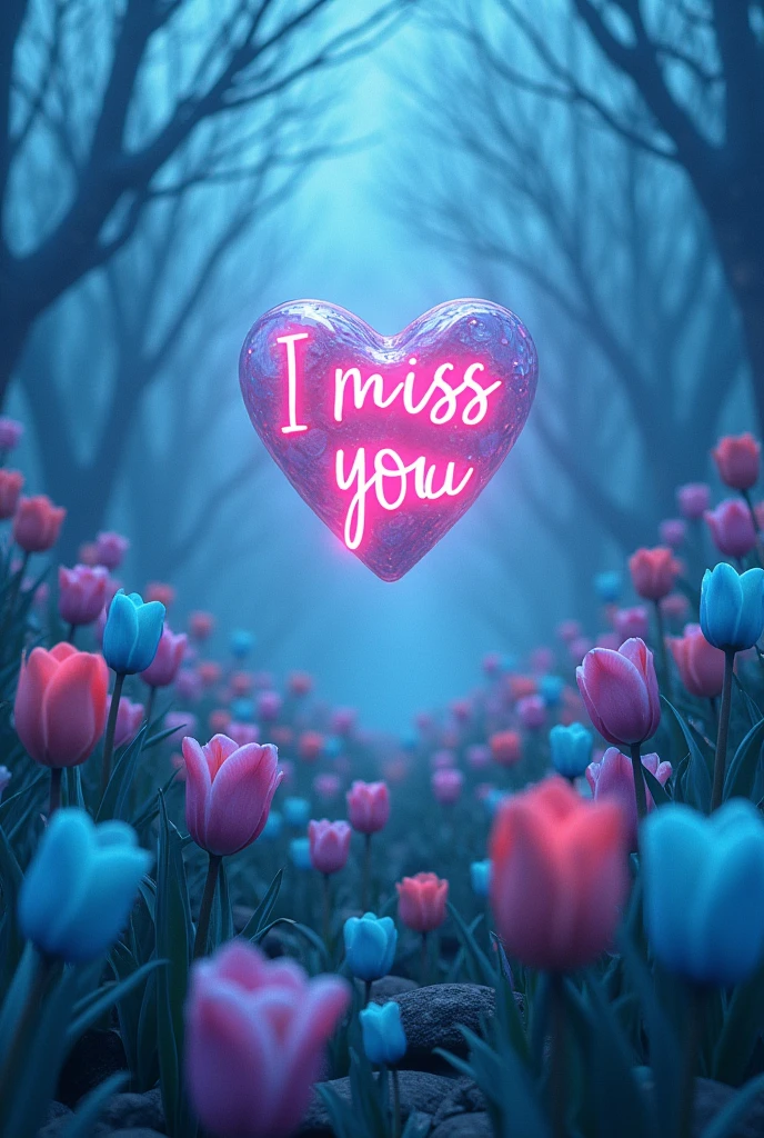 Create an image that contains the word I miss you, 💕 a real futuristic image with multi colors with turquoise blue flowers tulips of millions of colors