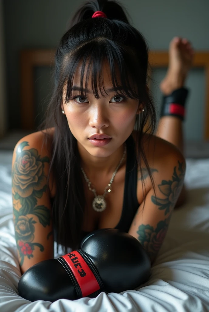 Beautiful Thai-Melanesian woman, (), Mixed Martial Arts, (navel show, everyday home wear:1.3), tank top, (MMA gloves), fit, (muscle:1.2), athletic feminine body, female fitness model body ,(( reclining)), masterpiece, perfect lighting,( growing seductive) ultra high resolution, 8K, She is an amazing MMA fighter, toned feminine body, (very long ponytail, straight bangs:1.2), (sexy smile to the camera :0.7),( very sexy pose), (kung fu fighter in fighting position, holding very large weapon in hand, using very large weapon, standing with very large weapon, raising very large weapon:1.3), (tattoos all over body, 80 % of body covered in Japanese tattoos:1.5), red lips, red high heels, necklace, choker, earrings, (very detailed:1.4), From the front, looking at the camera, melancholic expression, (bedroom