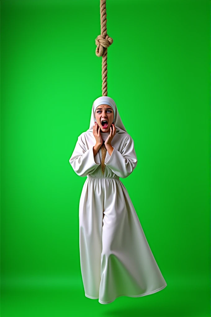A white nun hanging in a rope,his face looking very scared , and background green screen 