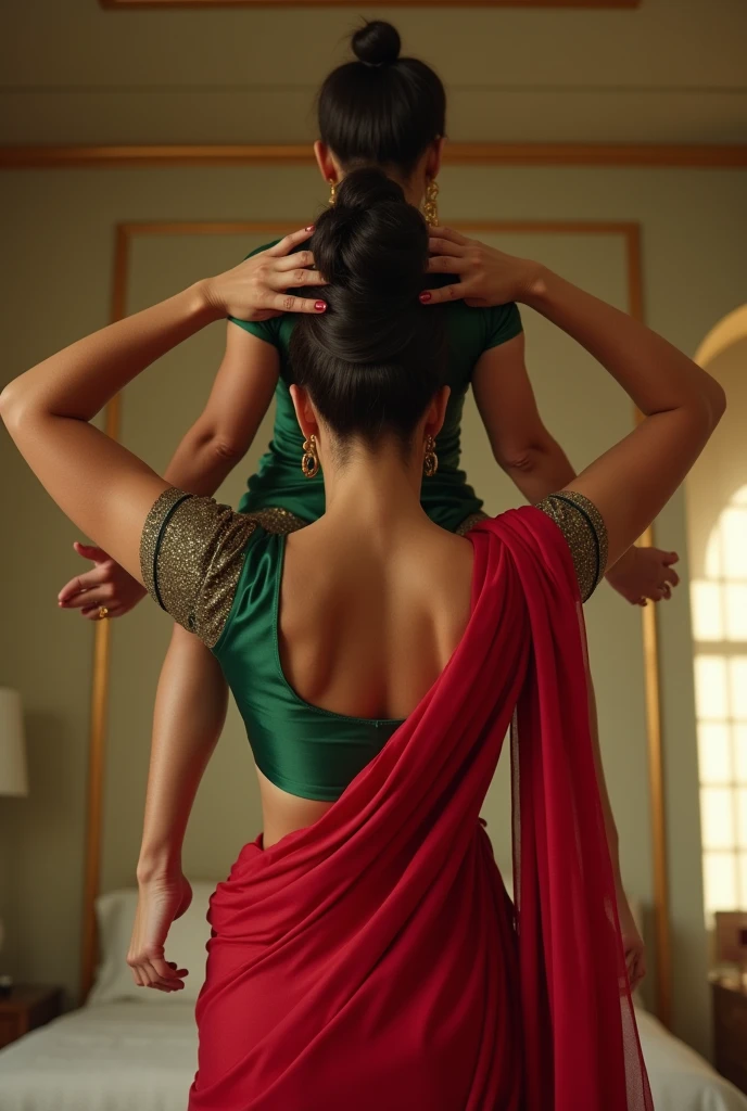 Indian woman Aishwarya Rai in green satin blouse red saree , tied hair bun, lifting a man above her shoulders, man is sitting on woman's shoulders, in a bedroom with high ceiling, woman is showing her back to the camera , full body view