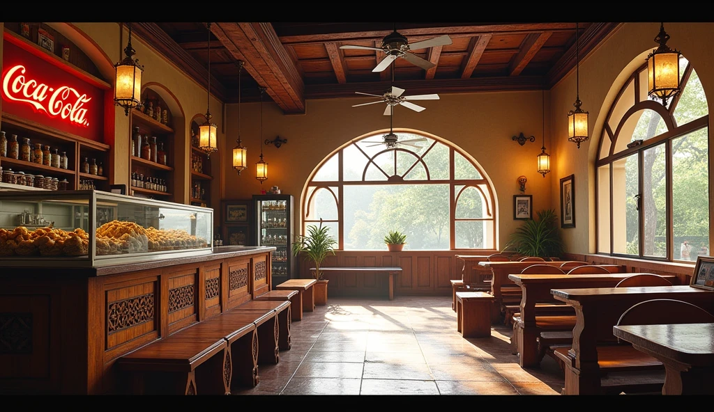 "Design the interior of a traditional South Indian Irani cafe, reflecting the essence of a place run by four generations. The scene should capture the following elements:
1. **Vintage Furniture:**
- **Tables and Chairs:** Rustic wooden tables and benches with traditional, hand-carved designs.
- **Countertop:** A wooden countertop with intricate carvings and a glass display case featuring classic snacks and beverages.
2. **Decor and Props:**
- **Ceiling Fans:** Classic ceiling fans with ornate wooden or metal blades.
- **Hanging Lamps:** Vintage pendant lamps with intricate metalwork and traditional glass shades.
- **Photographs:** Black and white framed photographs showcasing the cafe’s history and past generations.
- **Signage:** Classic, weathered Coca-Cola signage in traditional South Indian style.
- **Shelves and Display Cases:** Wooden shelves filled with old-fashioned glass jars, traditional snacks, and spices.
3. **Lighting:**
- **Natural Light:** Soft sunlight filtering through wooden or lattice windows, adding warmth to the space.
- **Ambient Lighting:** Lighting from ceiling fans and pendant lamps, maintaining a warm, nostalgic glow.
4. **Atmosphere:**
- **Background Sounds:** The ambient sound of conversation and laughter, reflecting a lively, familial atmosphere.
- **Music:** Gentle background music with a South Indian or classic Bollywood touch, enhancing the nostalgic ambiance.
The overall design should evoke a sense of enduring tradition, with no modern elements, focusing instead on the timeless charm of an old South Indian Irani cafe."
