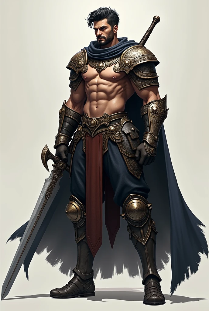 Opa, all is well? I need you to make a model of Elden Ring, This is a knight in the style of Godfrey, meet Godfrey? He will have the cape that Blaidd uses., and he will use Ranni's moon sword. He's going to be shirtless, and with armor pants, he will be very strong like this, will have black hair and a short hair style with a quiff but don't overdo it. And he will have 2,30m high.