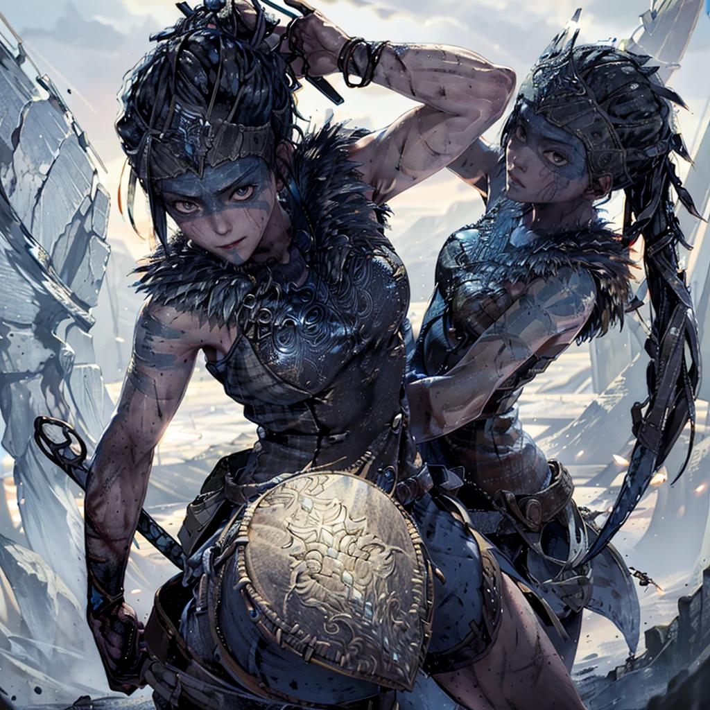 Senua from hellblade, 1girl, holding sword, fighting shadow monsters, various sword fighting poses, wide angle, leather clothing, forehead and eyes painted dark blue, determined expression, 16k, best quality, detailed face, beautiful blue eyes, best hands, perfect hands, unreal engine rendering style, award winning digital art, darkly atmospheric lighting 