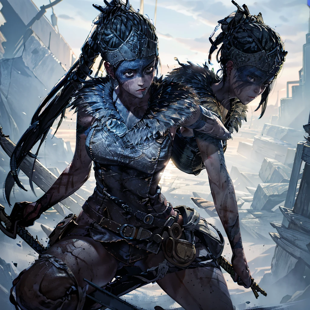 Senua from hellblade, 1girl, holding sword, fighting shadow monsters, various sword fighting poses, wide angle, leather clothing, forehead and eyes painted dark blue, determined expression, 16k, best quality, detailed face, beautiful blue eyes, best hands, perfect hands, unreal engine rendering style, award winning digital art, darkly atmospheric lighting 