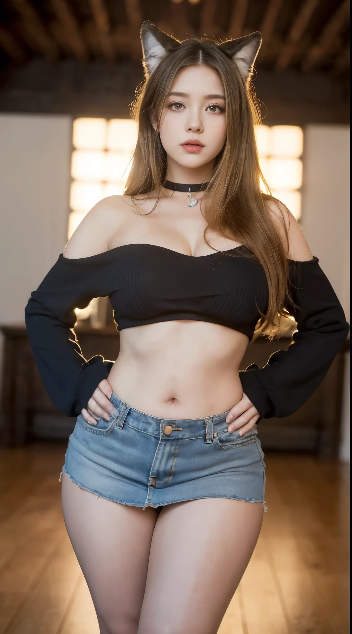 ((high detailed, best quality, 4k, masterpiece, hd:1.3)), ((best quality)), (((HD))), (((8k))), (ultraDH), (ultra HD), a wolf-girl, Sydney Sweeney, long fluffy blonde hair, caramel colored eyes, small breasts, neon color scheme, two perky wolf ears, fluffy tail, wearing dark tight crop-top and short skirt and jewelry, gorgeous feminine body, full-body picture, standing star pose, juicy thick thighs out, (wolf tail:1.5), (breasts focus), (from front:1.3), (from abovee:1.1), (shoulders out:1.3), (thighs out:1.3), (breast out:1.3), (off shoulder:1.1), (heavy colorful makeup), (perfect hands, perfect anatomy)