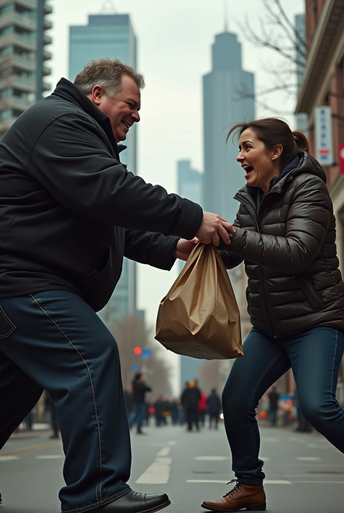 image of Doug Ford mayor of Toronto stealing food from a homeless woman. Toronto in the background. Doug Ford is obese. the homeless woman looks furious and is fighting to get her food back. she is pulling at the bag of groceries that Doug Ford is holding. Photo realistic.