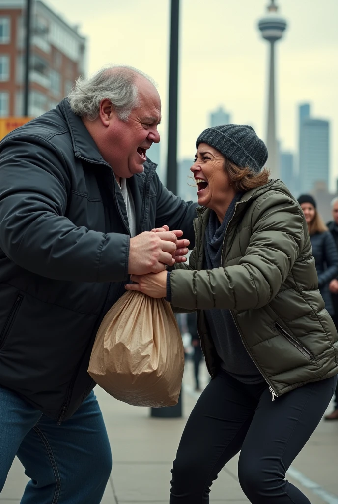 image of Doug Ford mayor of Toronto stealing food from a homeless woman. Toronto in the background. Doug Ford is obese. the homeless woman looks furious and is fighting to get her food back. she is pulling at the bag of groceries that Doug Ford is holding. Photo realistic.