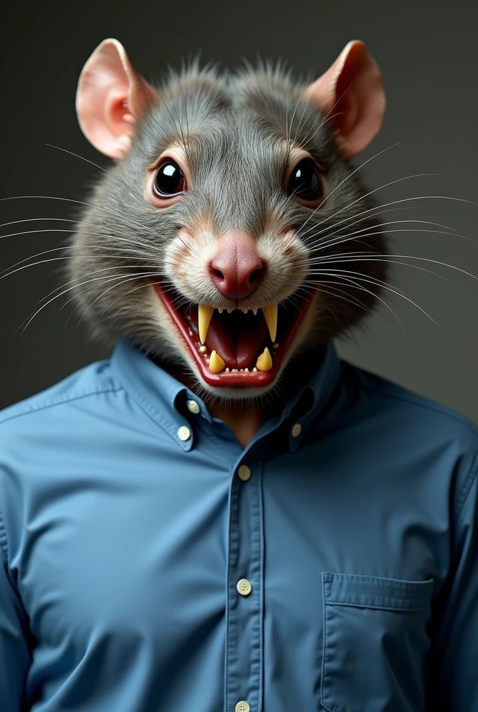 create an image of the face of a monstrous rat on the body of a man wearing a blue shirt as if he were a candidate