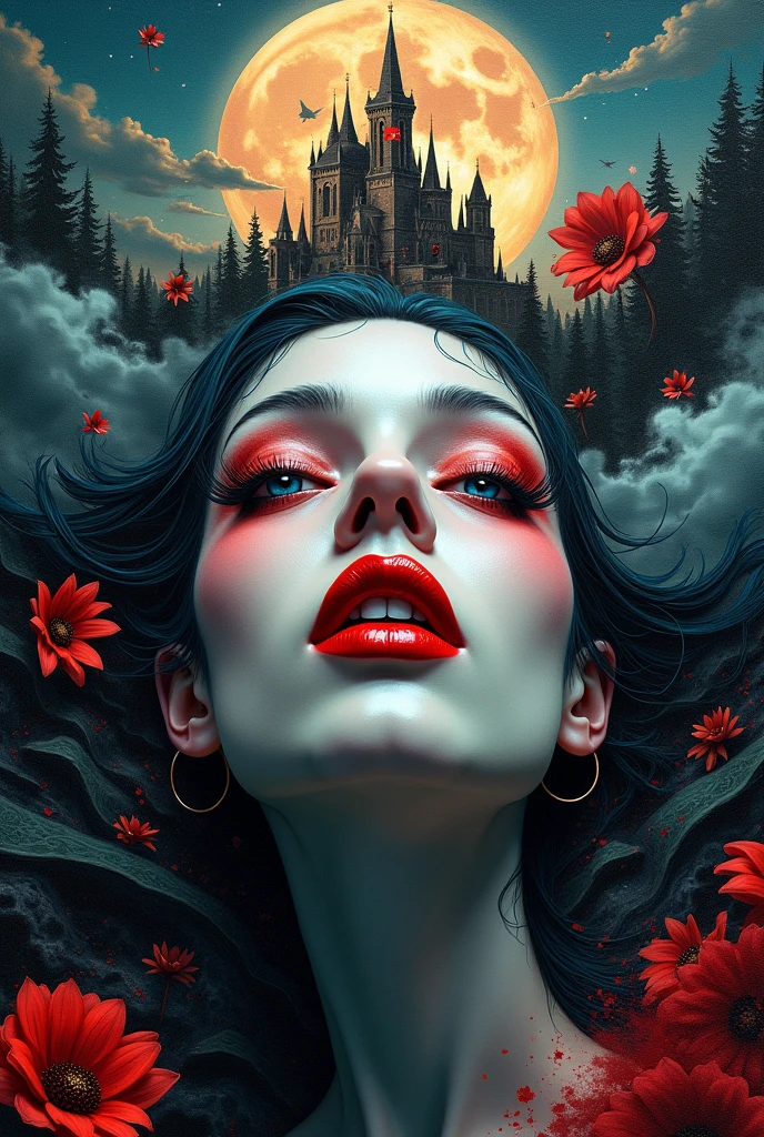 Gothic, surrealism, poster close-up, abstraction, detailed oil painting by mark todd, nicoletta ceccoli, ray caesar, vampire lady close-up on canvas, big moon, swirling red flowers, sparks, detailed sky with clouds, dramatic makeup, celestial lighting, shining aura, castle, forest, river, detailed sky, mystical, highly detailed, intricate pose, oil painting, thick brushstrokes, complex background, bright colors, masterpiece, high quality, clarity, neon ambiance, abstract black oil, gear mecha, detailed acrylic, grunge, intricate complexity, rendered in unreal engine, photorealistic