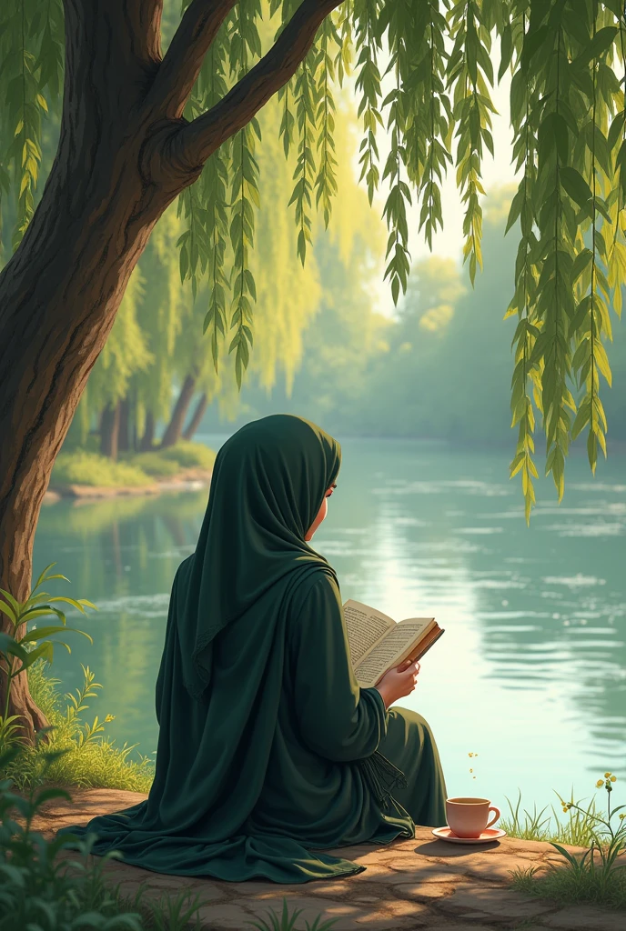 generate illustration of back view of  muslim woman not showing face with book and tea under the willow trees and river
