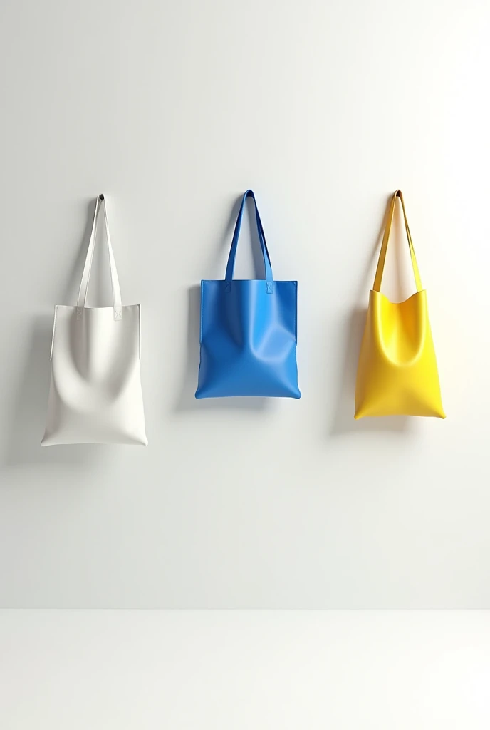 Create an 3d image 3 bags hanging on wall in white, blue and yellow