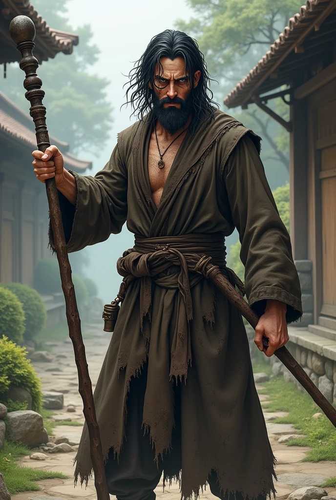 dnd, dungeons and dragons, monk, normal round human ears, human, slender, poor, dirty, homeless, holding a quarterstaff, solo, single person, portrait, action pose, tanned dirty skin, karate, martial arts, shaggy black and white hair, dark eyes, monocle on left eye, black chin strap beard, handsome, male, anime, comic, graphic novel, ripped and torn robes, smelly, fighter, peaceful, monastery, ((masterpiece, best quality)), trending artwork