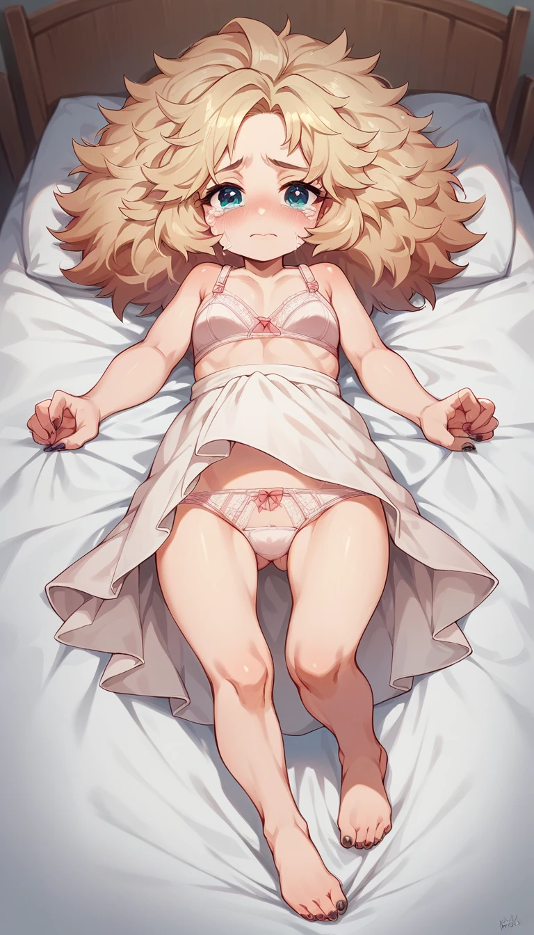 Dress POV,  criança small 6 anos, lingerie panties bra, small, xícara small, Crying lying in bed, Barefoot painted nails, arched, big fluffy hair,Tiny cute small child cup