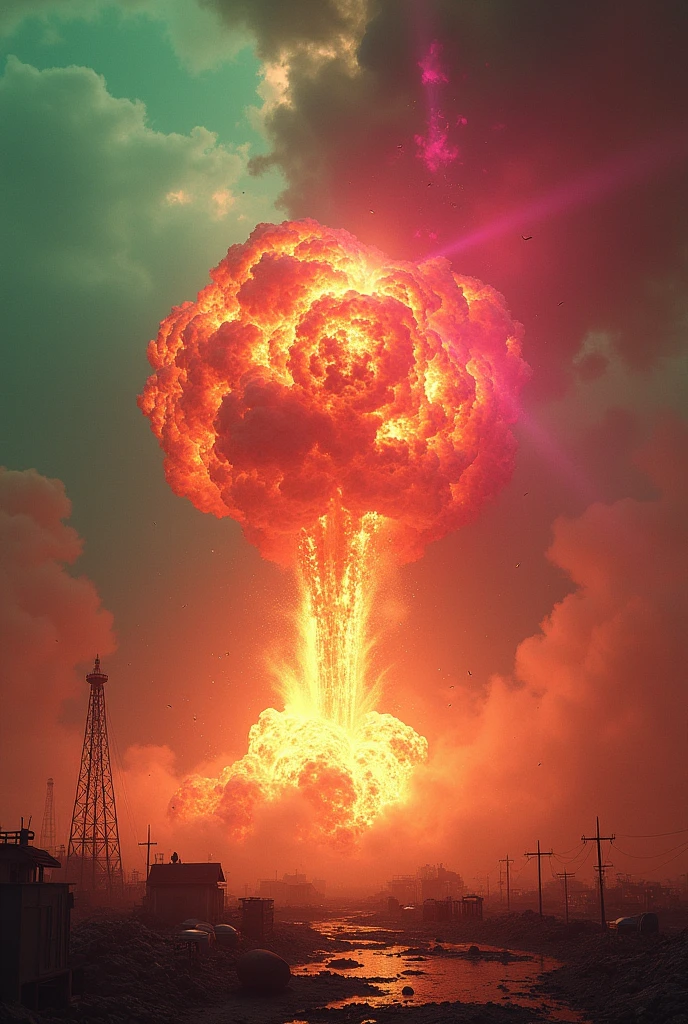 A huge explosion spreading out and a path of fire in the middle with green and pink fire, in the background burning things and pink smoke and smoke. The sky is red and smokey, more fire around that is green and pink