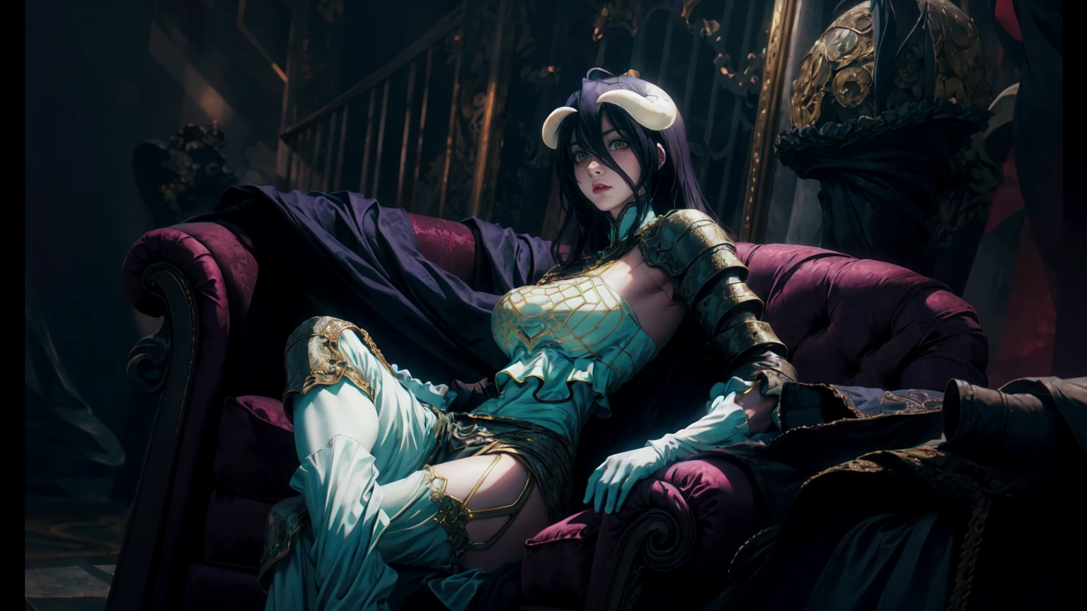 albedo, waifu aesthetic. Albedo sitting in a fancy couch. suit with patterns and details. Perfectly detailed face with an arrogant look, sculpted and proportional body in a beautiful pose, high detail. big black wings folded against the body. perfect portrait concept art, Dark tones.Wear a black flower on your head,beauitful face,crisp breasts,Convex buttocks,Wearing a black gauze tights,Wearing a black military uniform overcoat,perfectly proportioned, Cinematic lighting, filmgrain, Fujicolor, lightand shade contrast, 8k, Masterpiece, Textured skin, Super detail, high detal, High quality, A high resolution,