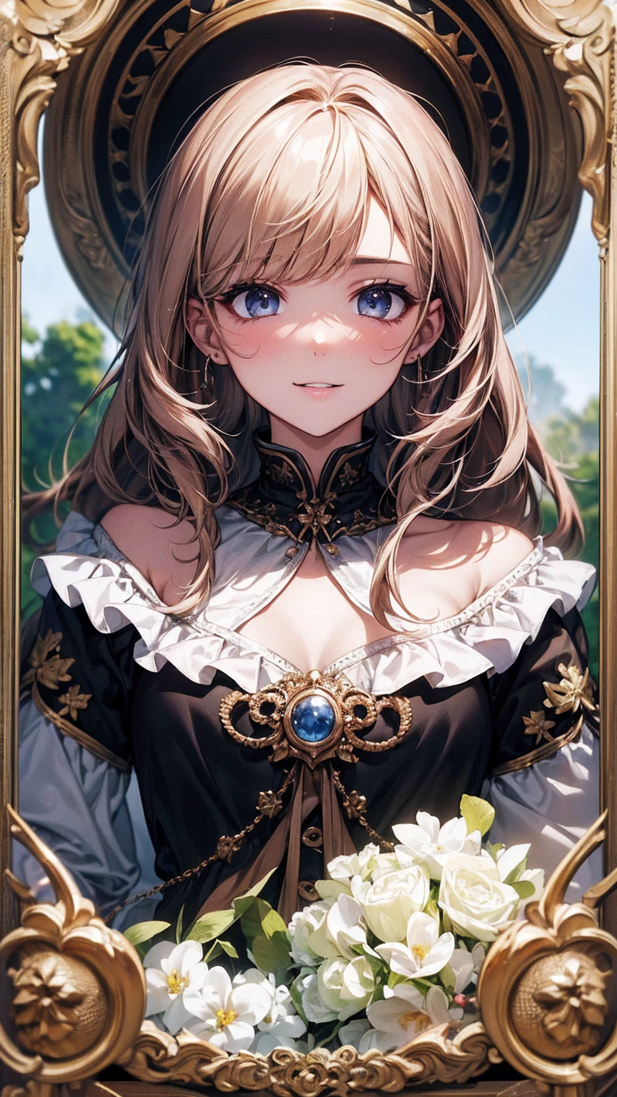 (8k、Best image quality、Highest quality、masterpiece)、Detailed face、one person&#39;s、((Brown Skin:1.3))、blonde、Long Hair、Diagonal bangs、Earrings、Grey Eyes、Wicked Smile、Large Breasts、((White knit))、((Off the shoulder))、((Strapless))、((Black Pantyhose))、Cowboy Shot、wariza、On the bed、Bedroom Background