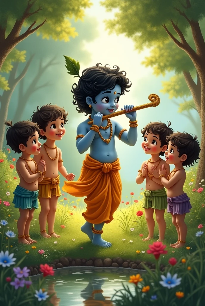 Little load krishna playing flute around his friends