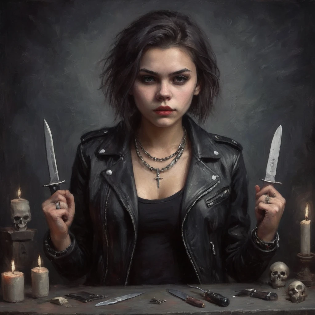 a crazy beautiful 20 years old girl, wearing a black leather jacket and spiked bracelet, holding a knife. night, dark cemetary. 