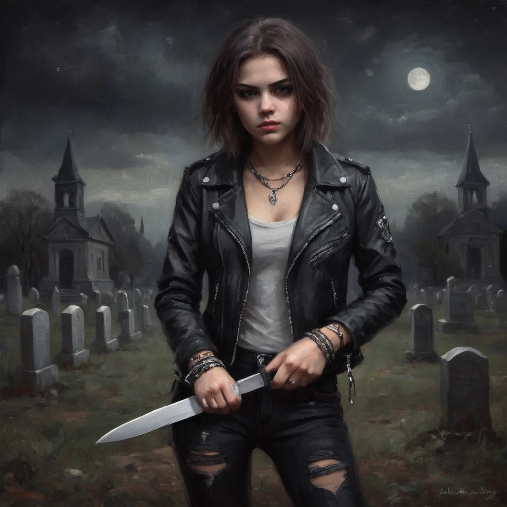 a crazy beautiful 20 years old girl, wearing a black leather jacket and spiked bracelet, holding a knife. night, dark cemetary. 