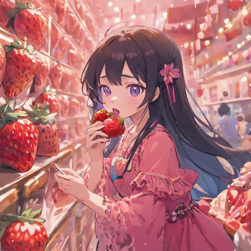 Cute girl with long black hair eating strawberry ice cream, Pink dress with blue flowers,eyes black 