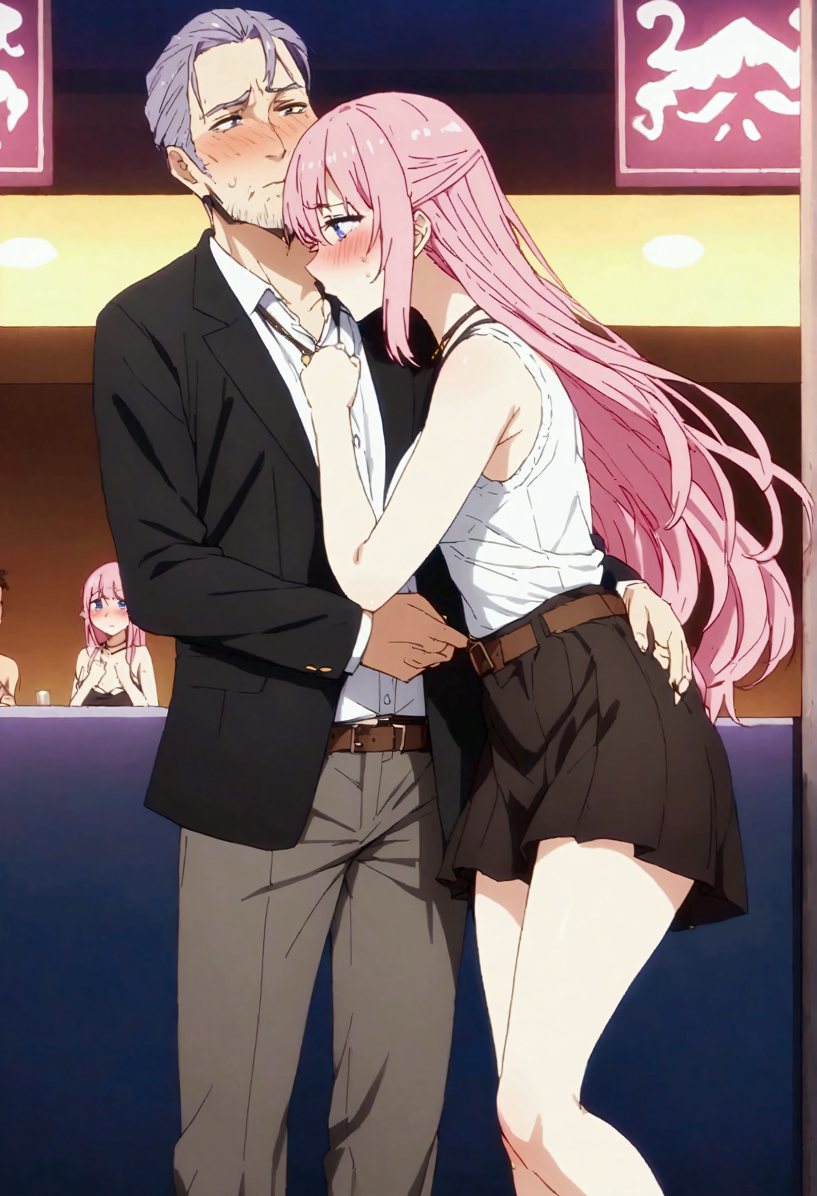 NSFW,masterpiece,Highest quality,High resolution,Very detailed,Shikimori-san\(可愛いだけじゃないShikimori-san\),Pink Hair、Long Hair、blue eyes、Hair between the eyes、bangs,Embarrassed,blush,Knit tops,Sleeveless,skirt,belt,necklace,Heeled Sandals,Nightlife,Picking Up Girls,(Middle-aged men),A man puts his hands on her waist and hugs her