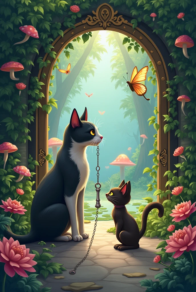 In a serene, enchanted garden, a curious cat with sleek fur holds a silver key in its mouth. The cat is approaching a small, ornate gate covered in blooming vines and flowers. The gate opens to reveal a hidden world of giant mushrooms, glowing butterflies, and a shimmering pond with lilies. A mischievous fairy hovers nearby, watching the cat with a twinkle in her eye. The scene is whimsical, full of soft pastel colors, and exudes an air of mystery and magic."