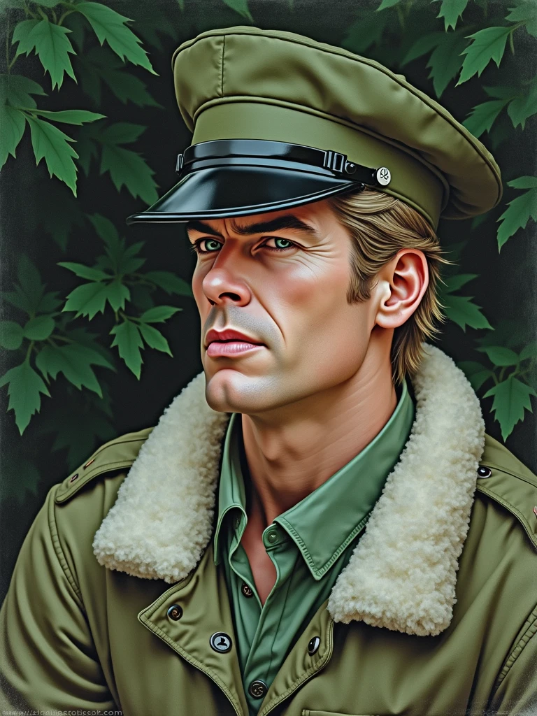 realist:1.3,( fotorrealist, 8k, RAW Photos, Premium quality, masterpiece, epic lighting. close up, Centered image), (foreground),((1 handsome and muscular man, US military uniform, with military clothing, Perfectly detailed face and body, (foreground), for the cover of Heavy Metal magazine, dynamic pose, beautiful and detailed hair, Leather Clothes))