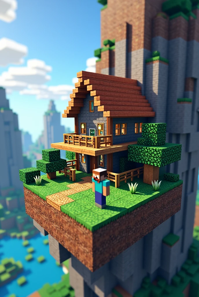 Minecraft in randomised SkyBlock with house and Steve 