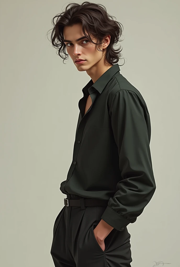 Thin man, Brown curly hair, with a hooked nose, hair below the shoulders, gathered in the tail, wears a loose shirt and trousers