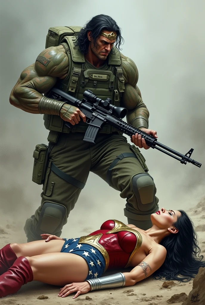 Muscular army man,holding a AWM sniper gun,angry face,mask on ,with the name Mr-BDK on chest batch,wearing army grass costume. green, black,white painting on his face. Standing over a toned athlete, muscular, blue eyes, black hair Wonder Woman in Wonder Woman's tiara, red and gold bus ((silverwrist bracelets:1.2)), ((Red knee high boots:1.2)), golden belt with athletic and muscular body laying on the ground unconscious covered in blood with tattered costumes. (perfect anatomy), (masterpiece:1.2), (best quality:1.2), intricate details, Muted Tone, Delicate, Detail, sharp focus, perfect hands, perfect face, perfect eyes, perfect light, dynamic light, natural light. In the battle ground.