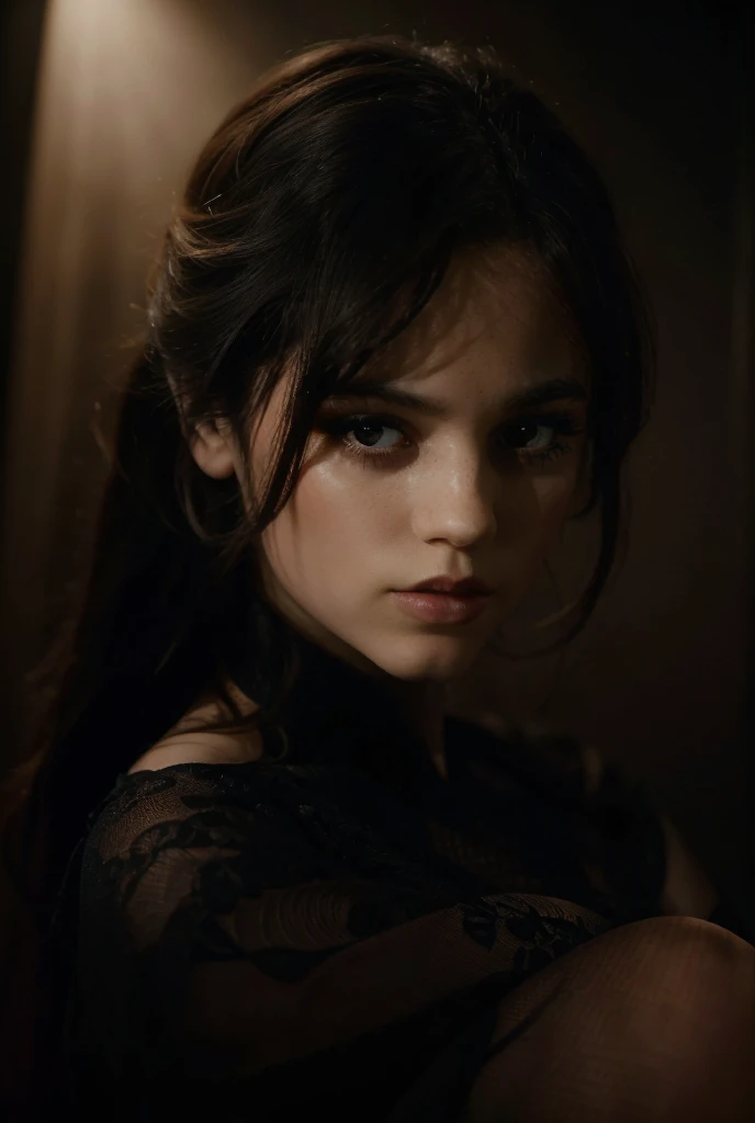 a beautiful young woman with dark hair, intense eyes, full lips, pale skin, wearing a black dress, in a seductive pose, (best quality,4k,8k,highres,masterpiece:1.2),ultra-detailed,(realistic,photorealistic,photo-realistic:1.37),dramatic lighting,chiaroscuro,moody,dark and sensual,cinematic,intriguing expression,elegant,alluring,dramatic