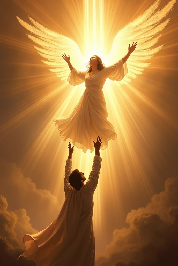 "Create a powerful and uplifting image depicting God lifting a person with the power of their faith. Show a dramatic scene where a person, who appears to be in a state of need or distress, is being elevated or supported by a divine, radiant force emanating from the heavens. God should be represented by a symbolic light or a majestic, ethereal presence, with beams of divine light or a heavenly aura surrounding both the individual and the source of the lift. The person should have an expression of awe, relief, or gratitude as they are gently lifted or supported. Use a high-contrast, warm color palette to highlight the divine intervention and the profound effect of faith in uplifting and empowering the individual."