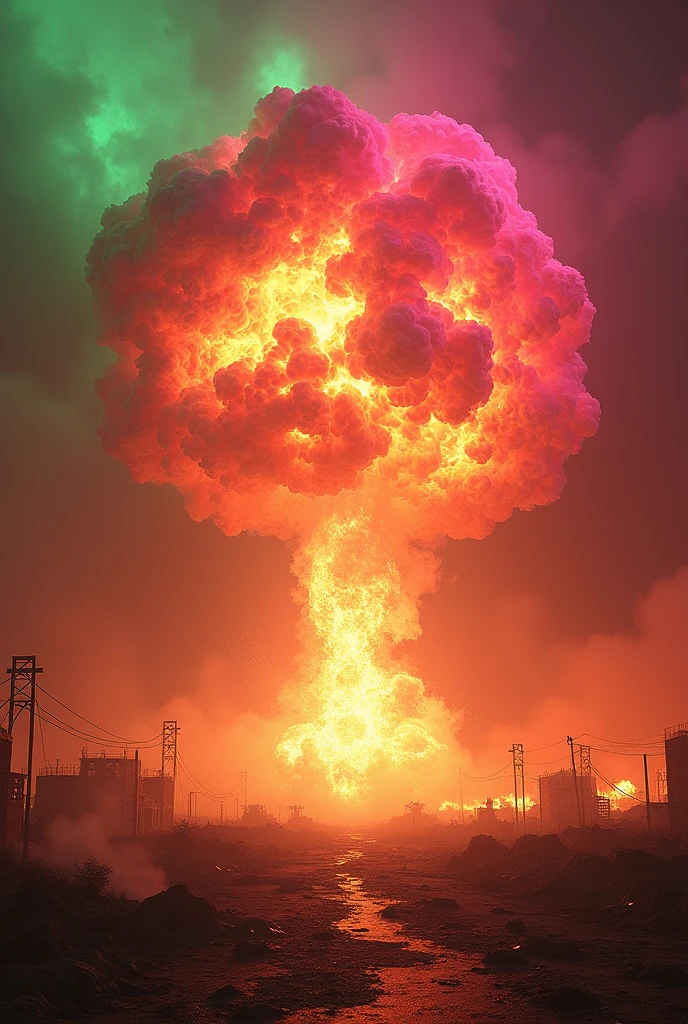 A huge explosion spreading out and a path of fire in the middle with green and pink fire, in the background burning things and pink smoke and smoke. The sky is red and smokey, more fire around that is green and pink 