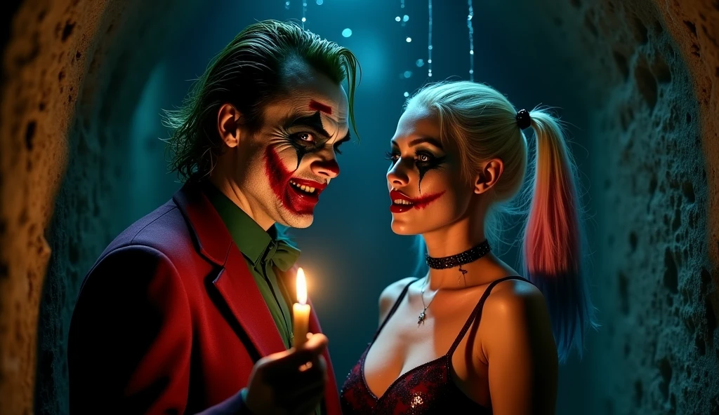 Image haute qualité 16K, photo realistic, seen very close. The man, resembling Heath Ledger as The Joker and a woman resembling Margot Robbie as Harley Quinn stand in a narrow, dark catacomb. their hair is wet, dégoulinant d'eau, tout comme leur visage, où le maquillage emblématique du Joker a commencé à couler. Les lignes noires de ses yeux se sont estompées en traînées sinistres, et son sourire rot sanglant semble déformé, ajoutant à l'horreur de son apparence. L'expression de son visage est effrayante, avec un sourire moqueur qui dégage une menace palpable. Her eyes, almost crazy, sparkle with a malevolent glow, rendant son regard terrifiant. Water drops slowly fall from the low, vaulted ceiling, giving the scene an even more oppressive and claustrophobic atmosphere. The ceiling is so low that his head almost seems to touch the vault.. He holds a flickering candle in his hand, the faint flickering light partially illuminating his face twisted into a cruel smile, while the rest of the catacomb remains plunged into darkness. La lueur de la bougie accentue les ombres sur son visage, créant des contrastes inquiétants qui amplifient la sensation de peur. The background is almost completely black, plongeant le reste de l'espace dans une obscurité insondable, as if evil emanated from this darkness. La combinaison de l'humidité étouffante, des murs suintants, and the man&#39;s terrifying expression creates a scene of pure terror, où le danger semble tangible, and the possibility of escaping this horror is non-existent. Harley Quinn se tiens très proche du joker, Her face is made up in white, rappelant le style d'un clown, avec des traits accentués des yeux soulignés de noir épais et un rot à lèvres vif, rot . She has a mischievous look, malicieux, un sourire en coin. has a small black heart drawn on the cheekbone. blond hair styled with two blue and pink pigtails.