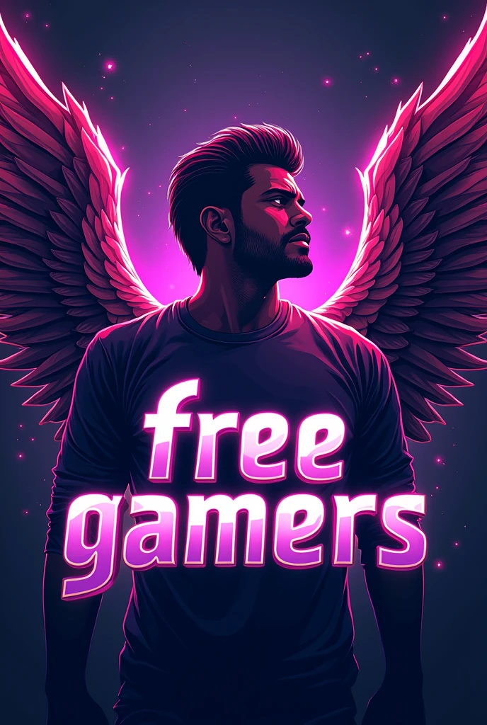 Create a logo of a man close up with wings in his long-awaited, In front a phrase that says “FREE GAMERS” all with a neon theme of many colors