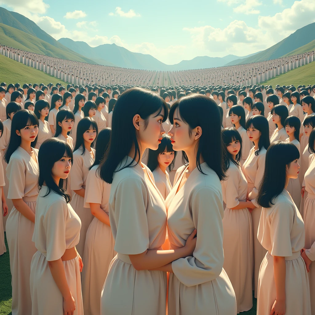 (((((Japanese Clone girls=Myself)))))), (((Best Super High quality Myself Clone girls Raw Photography Art))), (16K, Highest quality, Ultra-high resolution, RAW Photos), (((It's so unrealistic., With unparalleled depiction, With an unfathomable sight, An unprecedented and shocking worldview, Clone girls in a world of mass reproduction, Ultra-realistic))), (((Japanese, woman, 20yo, Saito-Asuka))), (Small face, ((Thick black hair, Semi-long hair))), ((V-neck short-sleeve dress)), (((((Very detailed美しい女体, Accurate body structure, Very detailed完璧な, Super busty body with very large breasts, Clearly emphasizes cleavage))))), (((Dark Eyes, Mature face, Cute Smile, A gentle gaze))), (((Her happy and smiling expression is so cute))), ((((((((Very detailed分身増殖描写, ((1girl→Myself cloning→1,000,000,000,000,000,000,000,000,000,000,000,000,000,000,000,000,000,000,000,000Myself Clone girls)))))))))), ((((((((Very detailed, The precise depiction of the proliferation of Myself Clone girls, ((With the perfectly identical bodies of Myself clone girls, With the exact same face as the Myself clone girls, With the exact same hairstyle as the Myself clone girls, In the exact same clothes as the girls who are my clones, Perfectly the same height as the Myself clone girls, Super big breasts, just like the Myself clone girls)))))))))), (((Myself clone girls only))), (((Multiple pairs, Very detailed depiction, (Myself clone girls hug each other, Myself clone girls assemble, Fun conversations with fellow Myself clone girls, A fun conversation between Myself clone girls, Myself clone girls holding hands, Walking with lots of Myself clone girls)))), (((Everyone looks at the camera))), (((Unbelievably crowded, Transcendent Myself clone girls intimately, Countless Myself clone girls surround you in 360 degrees))), (Bright, soft sunlight), (((Very wide field of view, Very detailed, Detailed ultra-perspective depiction with clear depth, wide view))), (((((Landscape with a curved slope))))), (((Very photographic and detailed depiction, Myself clone girls will multiply infinitely and fill the surroundings from one side to the horizon with their bodies tightly packed together without any gaps., A scene of endless Myself clone girls and a fun atmosphere))), (Focus on the average value of the image)