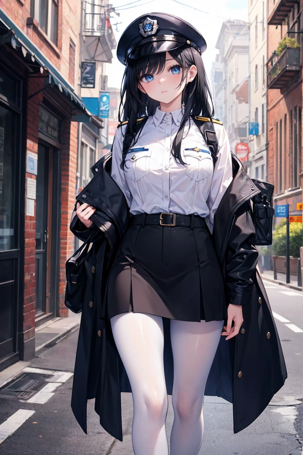 Ridiculous Resolutions, High resolution, (masterpiece:1.4), Very detailed, 1 person,blue eyes, Long black hair,Please wear a police uniform and a short skirt, White handbag、pantyhose、street,Sexy pose, The camera is close to the body