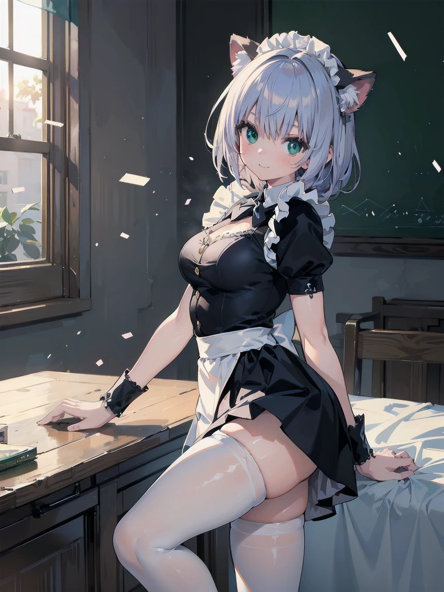 (A super high quality creation by the Creator God: 1.4), (Absolute Resolution: 1.4), (A masterpiece from the curatorial god: 1.4), Surrealist works, (complicated, Realistic materials with attention to detail, Textures and Lights: 1.3), (Perfect Anatomy: 1.2),
break
((Tabletop, Pixel perfect, 8k wallpaper)), 1 girl, single, Embarrassed expression, Shy look,tall, ベッドに座っているAnime girl in maid outfit, alone, Reincarnation of Aphrodite, the goddess of beauty, Unparalleled beauty, Narrow waist, Firm Oblique Muscles, Amazing looks, White cat lady, Enchanting anime girl, Very Beautiful Anime Cat Girl, Beautiful anime cat girl, Anime girl in maid outfit, In a dress, Anime girl in maid outfit猫娘、Green Eyes, From Girls Frontline, Anime Barbie in White Stockings, From Arknights, Beautiful Anime Girls, Cute anime, Nightcore,
break
(Hair growing out of one eye), (Scattered sunlight: 1.2), A fantastic light source like particles, Blurred Background, (Depth of written boundary: 1.5), Tilt your head, From behind , Looking at the audience, Recall, Flexible body, Looking up from above, (Depth of written boundary: 1.4), Looking at the audience, (Cute Smile),
break
Scenery of the Cathedral of Our Lady, indoor、room、Bed available、, ultra high density skin, (,, Open your thighs from side to side: 1.2, Absolute area: 1.3),
break
, Highly detailed skin, (Best lighting by famous artists: 1.2), 8k, (Masterful instructors provide instruction on attractive poses: 1.4), Cute illustrations.
break