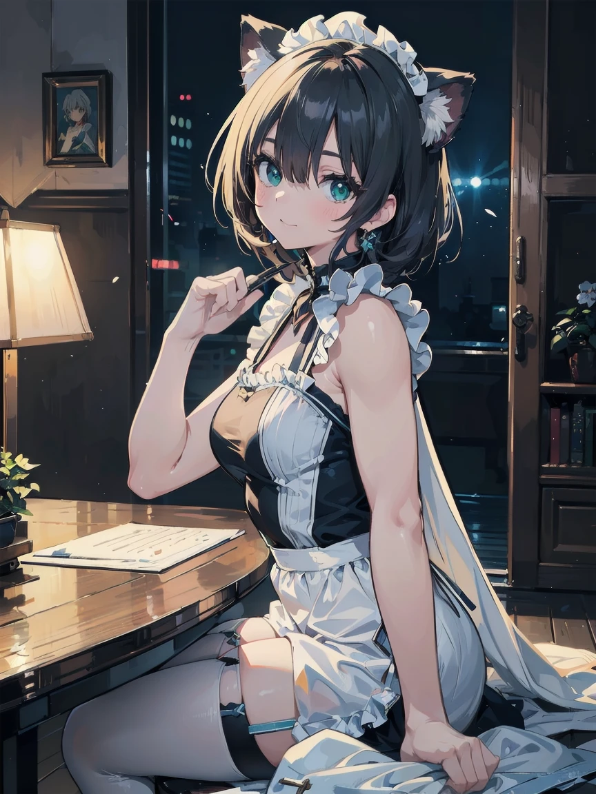 (A super high quality creation by the Creator God: 1.4), (Absolute Resolution: 1.4), (A masterpiece from the curatorial god: 1.4), Surrealist works, (complicated, Realistic materials with attention to detail, Textures and Lights: 1.3), (Perfect Anatomy: 1.2),
break
((Tabletop, Pixel perfect, 8k wallpaper)), 1 girl, single, Embarrassed expression, Shy look,tall, ベッドに座っているAnime girl in maid outfit, alone, Reincarnation of Aphrodite, the goddess of beauty, Unparalleled beauty, Narrow waist, Firm Oblique Muscles, Amazing looks, White cat lady, Enchanting anime girl, Very Beautiful Anime Cat Girl, Beautiful anime cat girl, Anime girl in maid outfit, In a dress, Anime girl in maid outfit猫娘、Green Eyes, From Girls Frontline, Anime Barbie in White Stockings, From Arknights, Beautiful Anime Girls, Cute anime, Nightcore,
break
(Hair growing out of one eye), (Scattered sunlight: 1.2), A fantastic light source like particles, Blurred Background, (Depth of written boundary: 1.5), Tilt your head, From behind , Looking at the audience, Recall, Flexible body, Looking up from above, (Depth of written boundary: 1.4), Looking at the audience, (Cute Smile),
break
Scenery of the Cathedral of Our Lady, indoor、room、Bed available、, ultra high density skin, (,, Open your thighs from side to side: 1.2, Absolute area: 1.3),
break
, Highly detailed skin, (Best lighting by famous artists: 1.2), 8k, (Masterful instructors provide instruction on attractive poses: 1.4), Cute illustrations.
break