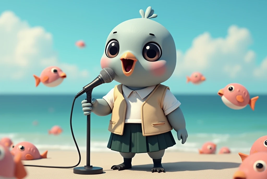 ((Highest quality)), ((masterpiece)), (photograph:1.6), (front), photorealistic, portrait, Singing into a microphone surrounded by puffer fish。
Big cute eyes, human expression。A small grey female pigeon with a head slightly larger than its body。
Off-white short-sleeved collared shirt with a light brown vest that was closed at the front、A knee-length black skirt with dark green socks and black shoes、Clear blue sky and ocean views。