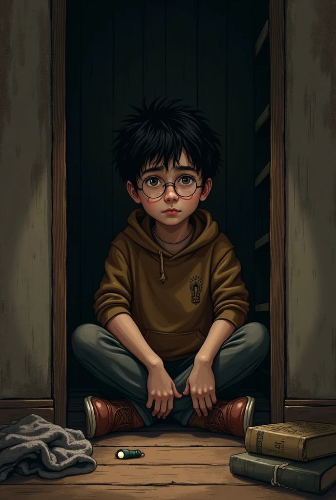 11 year harry sitting in his cupboard under the stairs
Make the place small and he ware glasses