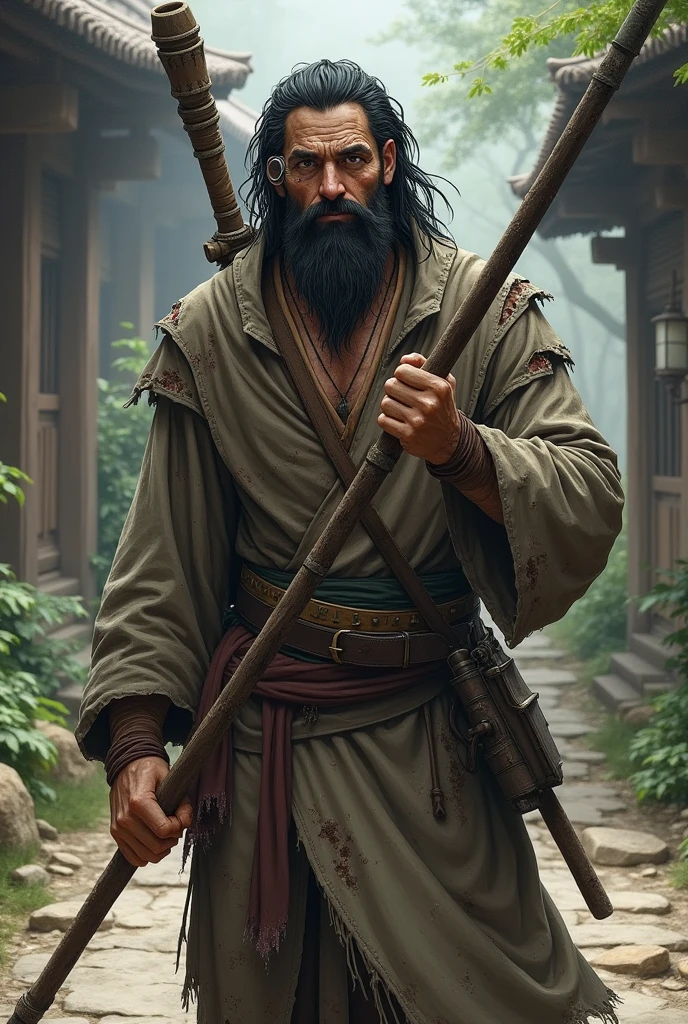 dnd, dungeons and dragons, monk, normal round human ears, human, slender, poor, dirty, homeless, holding a quarterstaff, solo, single person, portrait, action pose, tanned dirty skin, karate, martial arts, shaggy black and white hair, dark eyes, monocle on left eye, black chin strap beard, handsome, male, anime, comic, graphic novel, ripped and torn robes, smelly, fighter, peaceful, monastery, ((masterpiece, best quality)), trending artwork