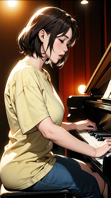 anime、Female Singer、Jazz club、On stage、Singing while playing the piano、