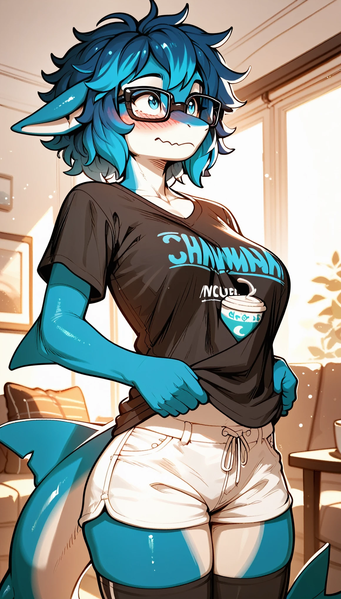 1girl, anthro, furry, fur, fluffy fur, shark girl, her skin is dark, shark tail, blue hair (light blue highlights),white eyes background, blue eyes, medium blue hair, Messy hair, (22 years), F cup size breasts, thick thighs, solo, (living room), midnight, detailed, black long oversized t-shirt, all white shorts, black high thigh socks, wearing black glasses, excited expression (closed mouth), trying to look away, blush, score_9, score_8_up, score_7_up, score_6_up, score_5_up, score_4_up