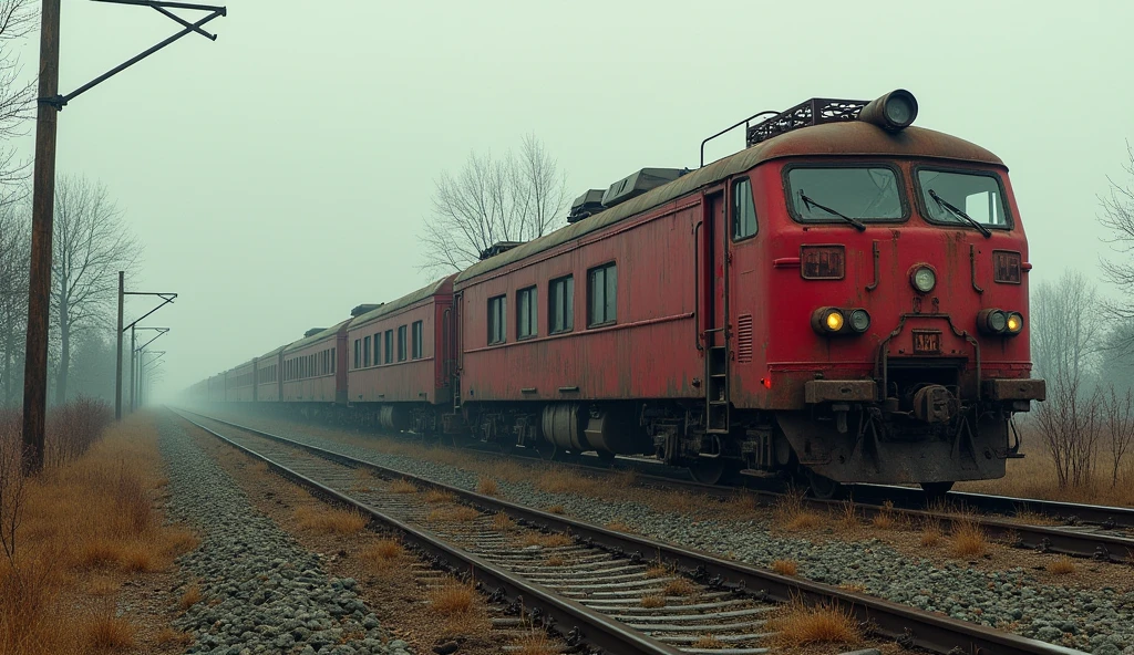 Abandoned railway with a stopped red train