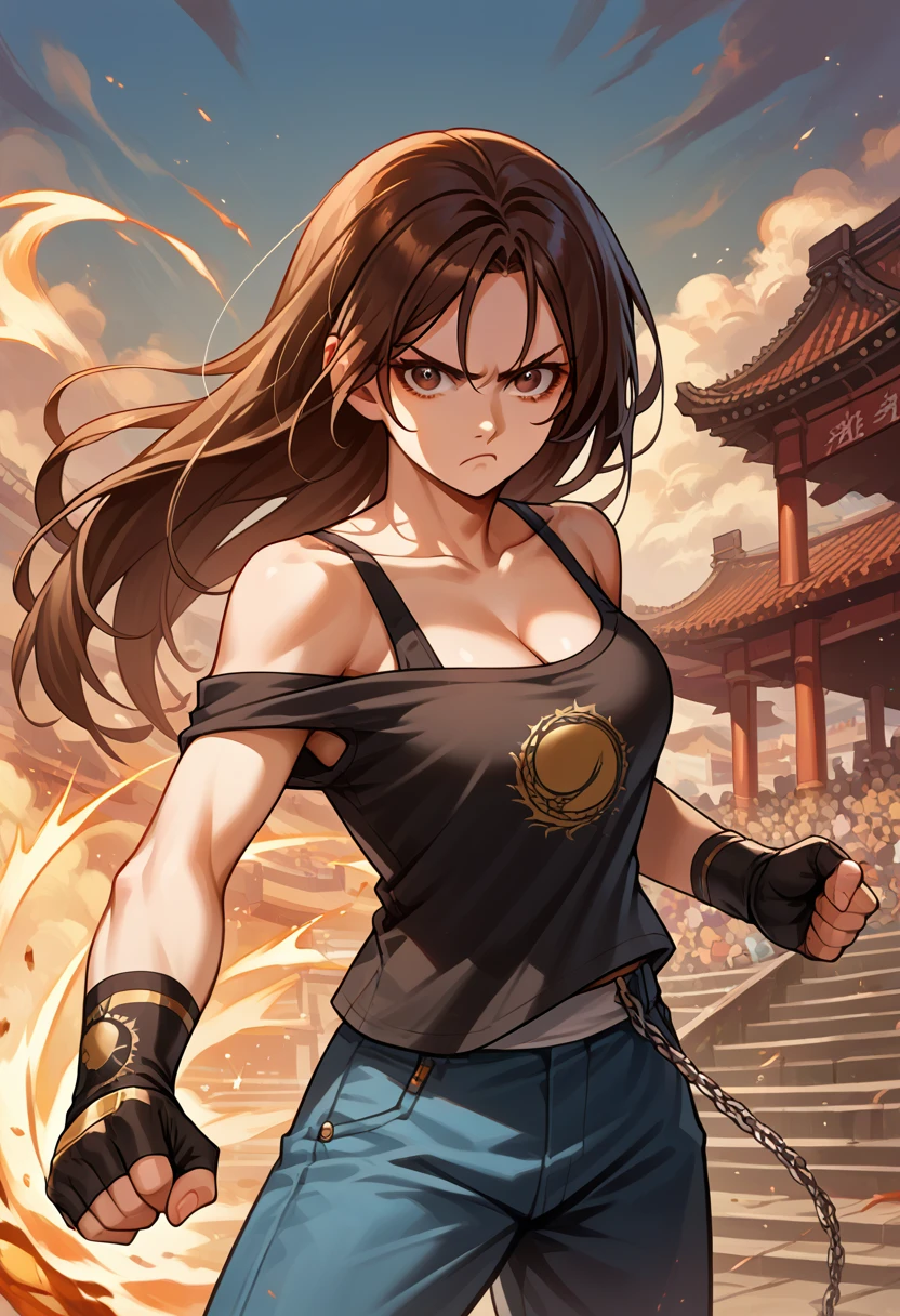 score_9, score_8_up, score_7_up, source_anime, 1girl, solo, (female:1.5), female focus, kyo_nest, brown hair, long hair, brown eyes,   black shirt, blue pants, chain, cleavage, off shoulder, sleeveless, fingerless gloves, fighting, stance, standing, pout, looking at you, coliseum